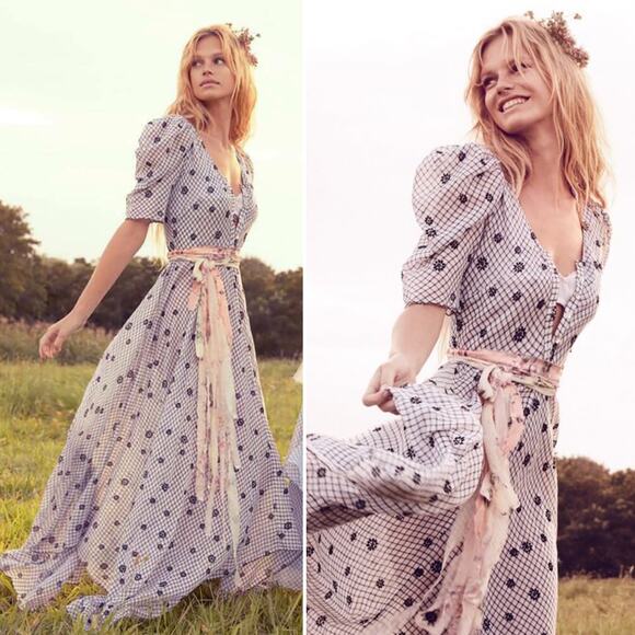 LoveShackFancy Coralie Puff Sleeve V Neck Midi Dress Charcoal Floral Plaid US 0 - Picture 2 of 12